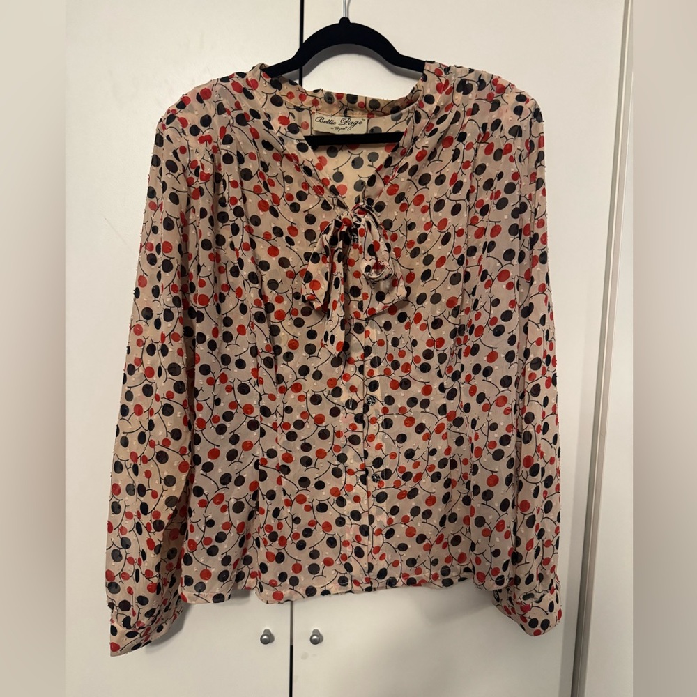 Bettie Paige for Tatyana Cherry Print Cream Blouse in Red and Navy pattern